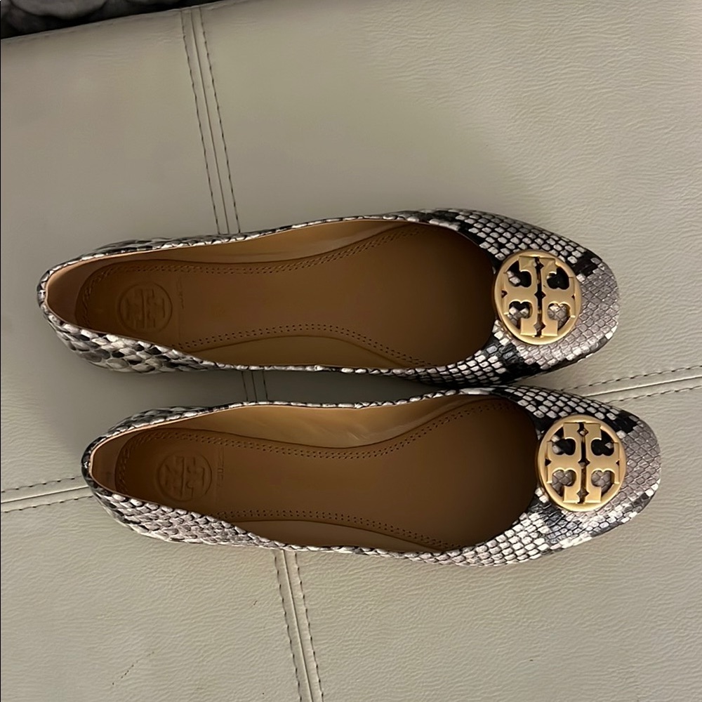 Tory Burch Gold and Black Flats with Metallic Emblem